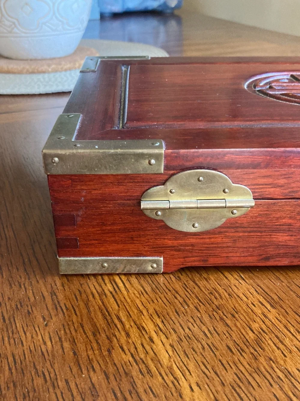 Antique Chinese Rosewood Brass Wooden Jewelry Keepsake Box Mid Century Elegance